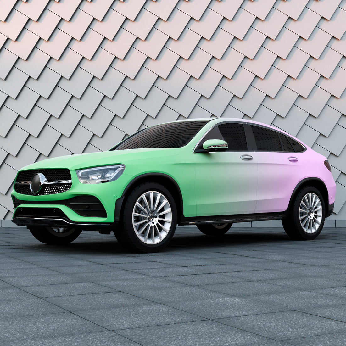 SUV wrapped in Purple to Green Gradient Custom Printed Vinyl Wrap