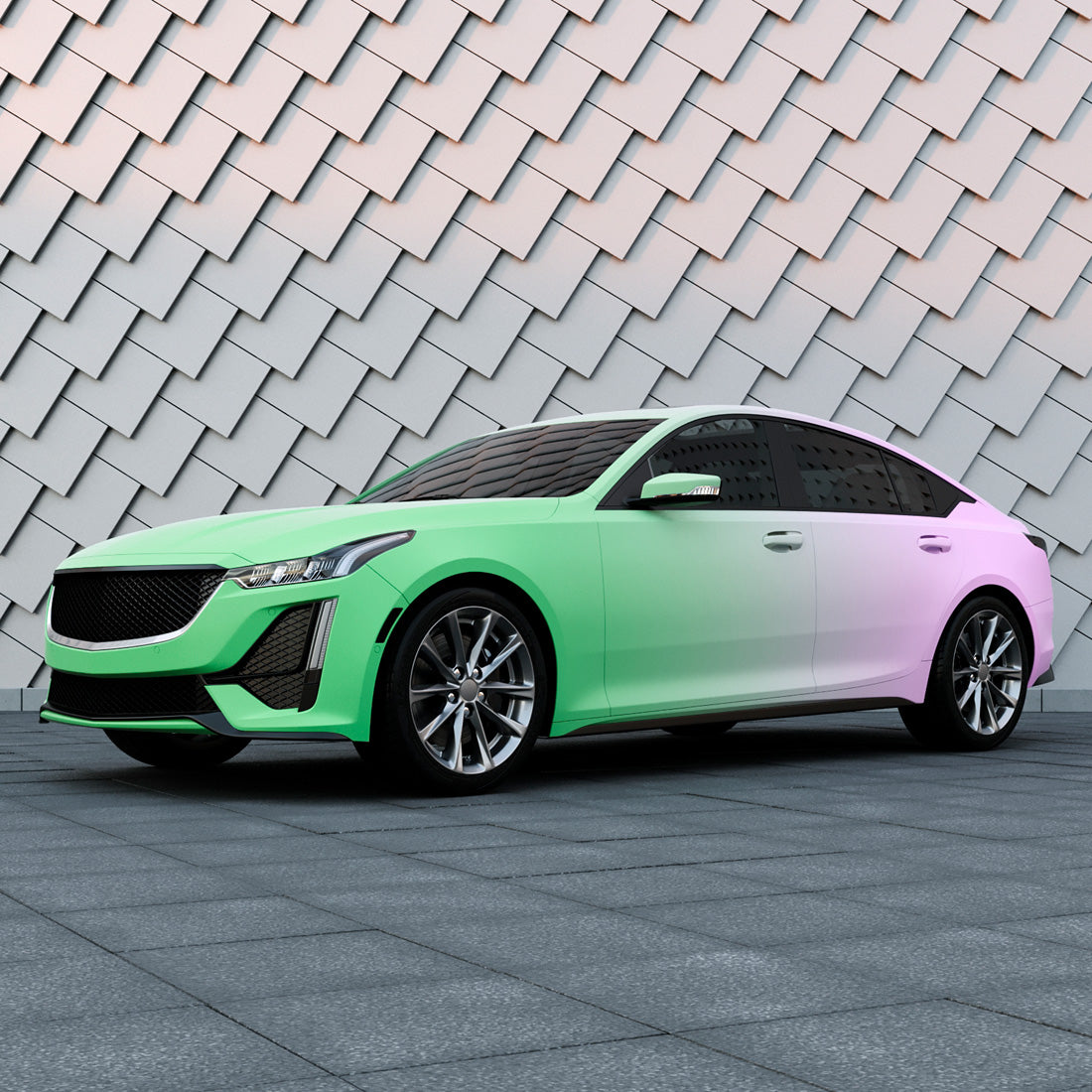 sedan in Purple to Green Gradient Custom Printed Vinyl Wrap