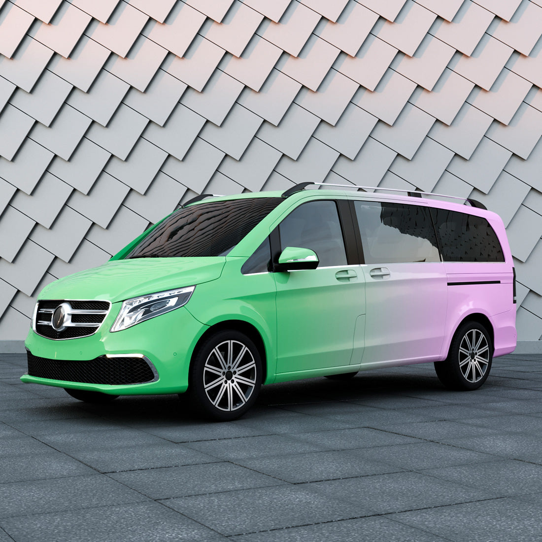 Minivan wrapped in Purple to Green Gradient Custom Printed Vinyl Wrap