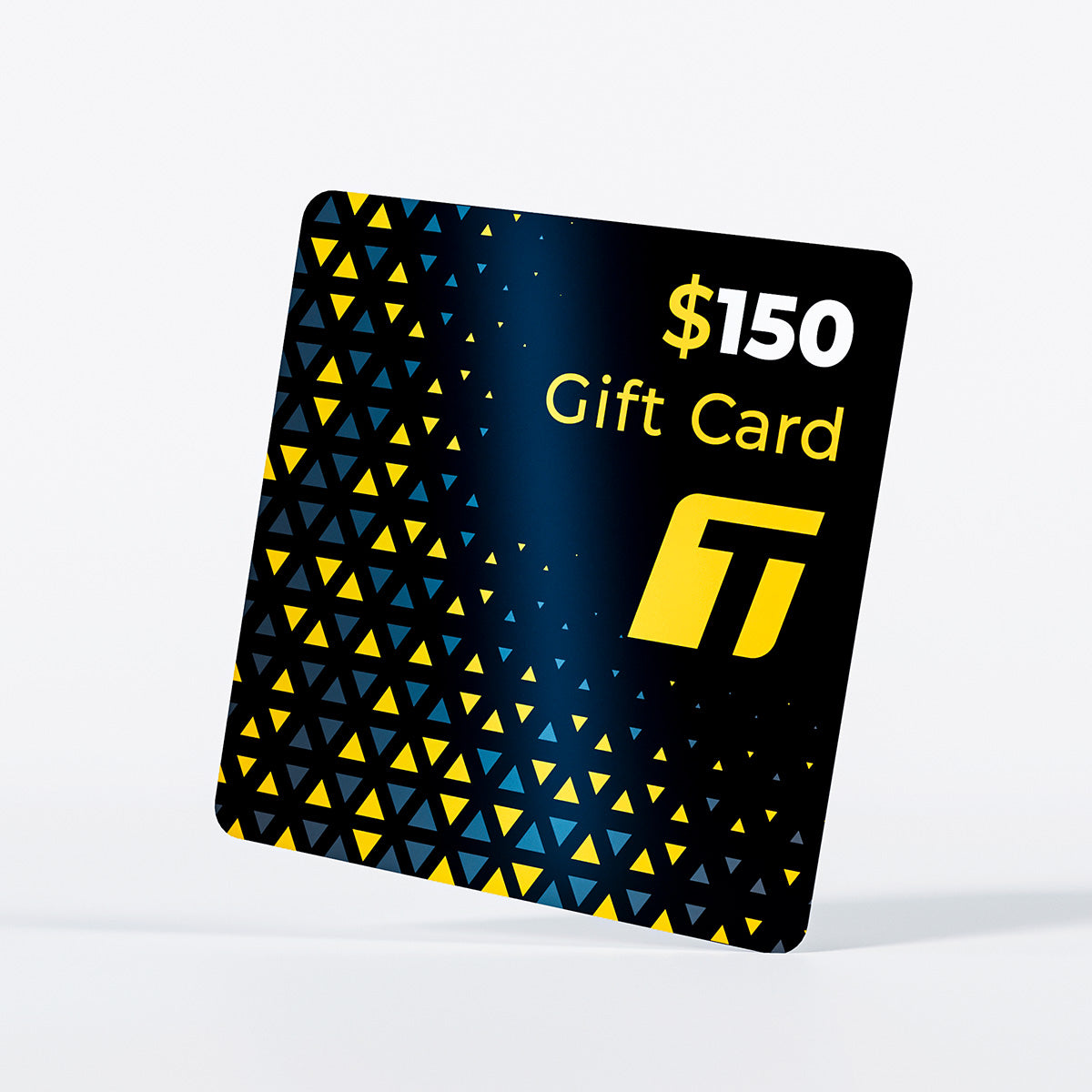Striking $150 TeckWrap gift card with a dark blue gradient and yellow-black triangle design, great for premium car wrap shoppers.