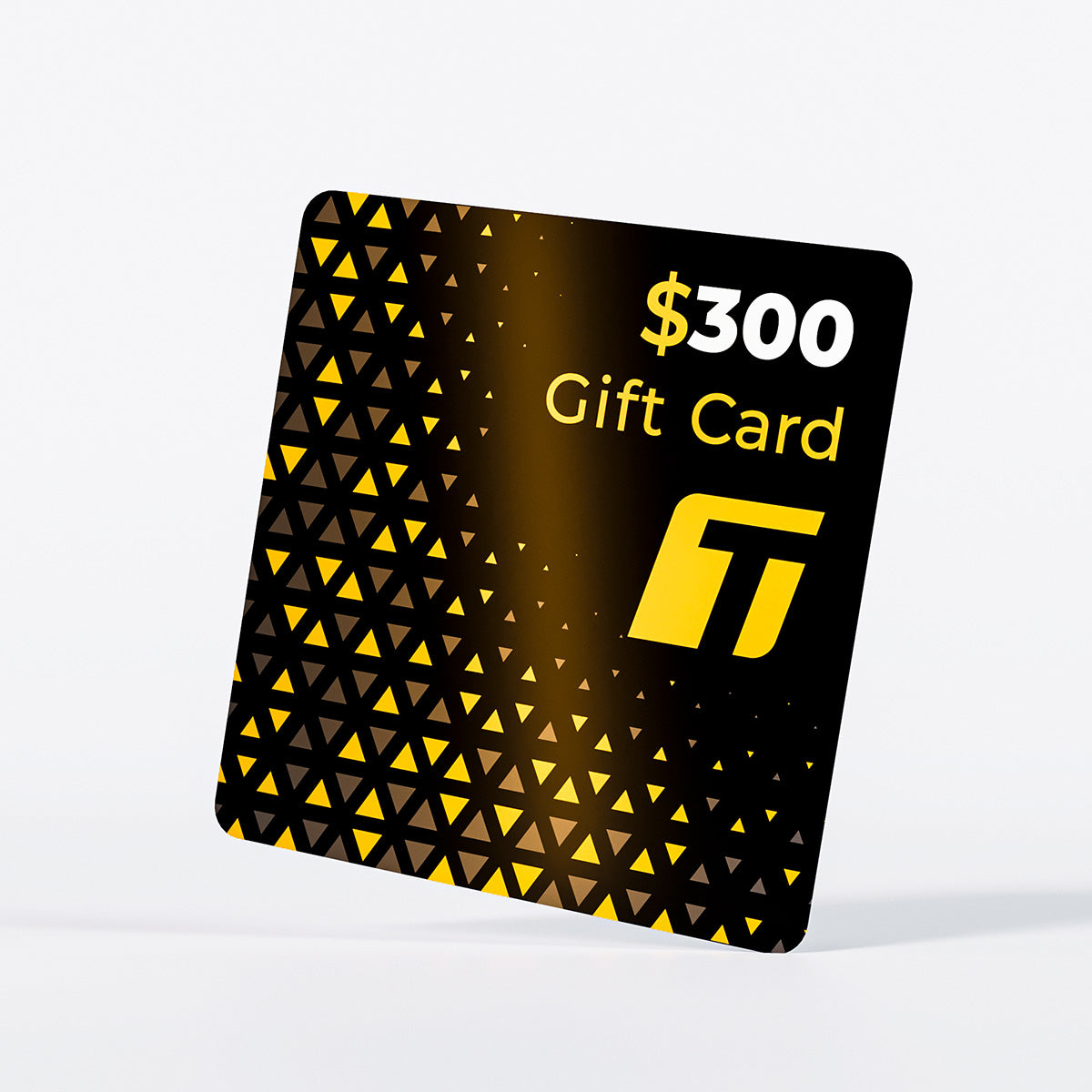 High-value $300 TeckWrap gift card showcasing a bold yellow-orange gradient with black triangular design—perfect for automotive professionals and bulk buyers.