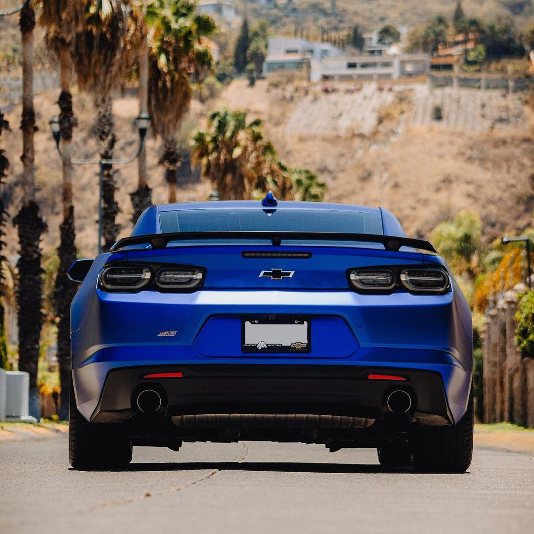 Rear View of Chevrolet Camaro Wrapped in TeckWrap Rasant Blue (SMT07) Satin Vinyl