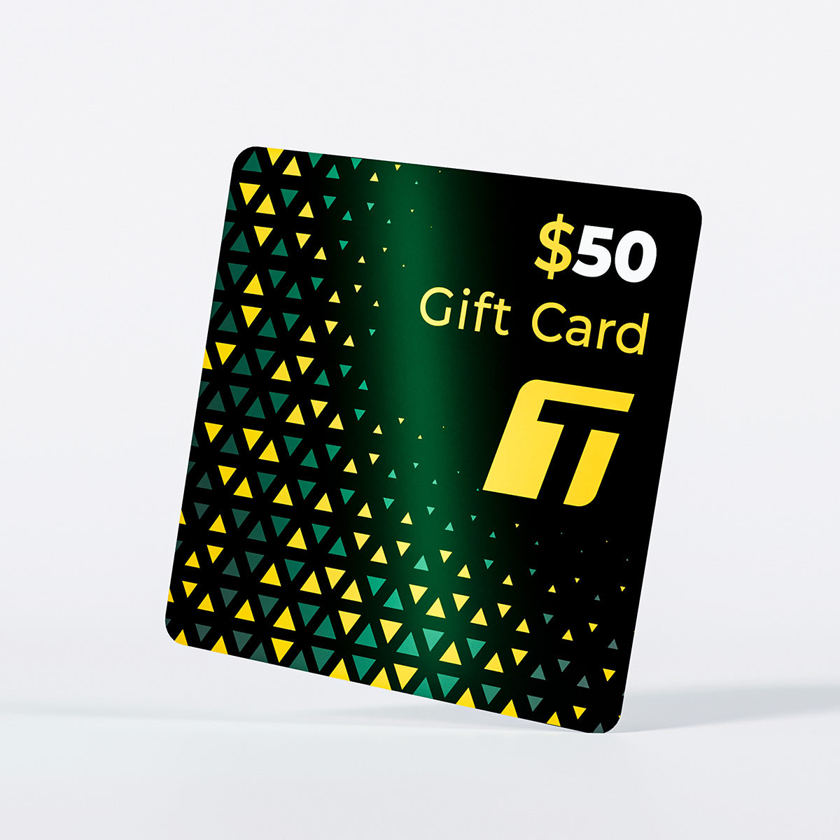 Square-shaped $50 TeckWrap gift card with a green gradient background and triangular pattern design, ideal for vinyl wrap and accessory purchases.
