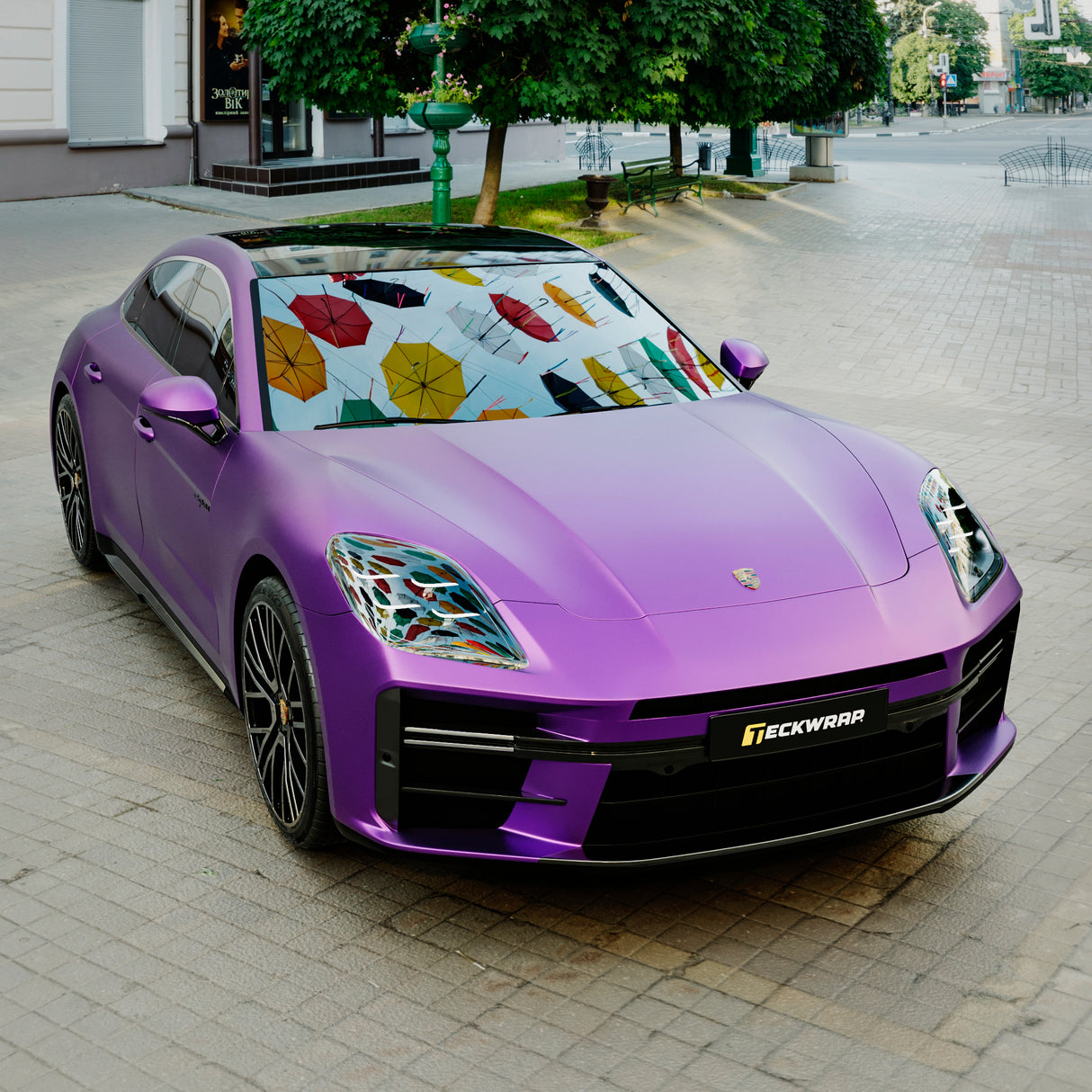 Full Porsche front view with TeckWrap Deep Lavender (SMT20) satin matte vinyl wrap