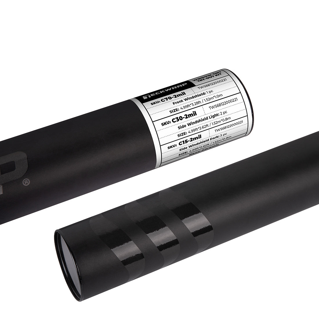 Close-up of TeckWrap Zenith Window Tint Sample Kit tubes showing three film types with reflective black finish and white label details