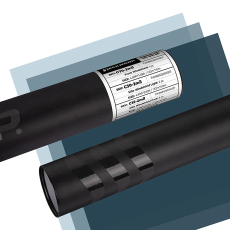 TeckWrap Zenith Series Window Tint Film Sample Set – rolled black tubes labeled with C10-2mil, C30-2mil, and C15-2mil film specifications.