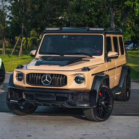 Mercedes G-Class wrapped in TeckWrap Leather Beige Gloss Vinyl – luxury SUV featuring high-gloss beige vinyl wrap with black accents.