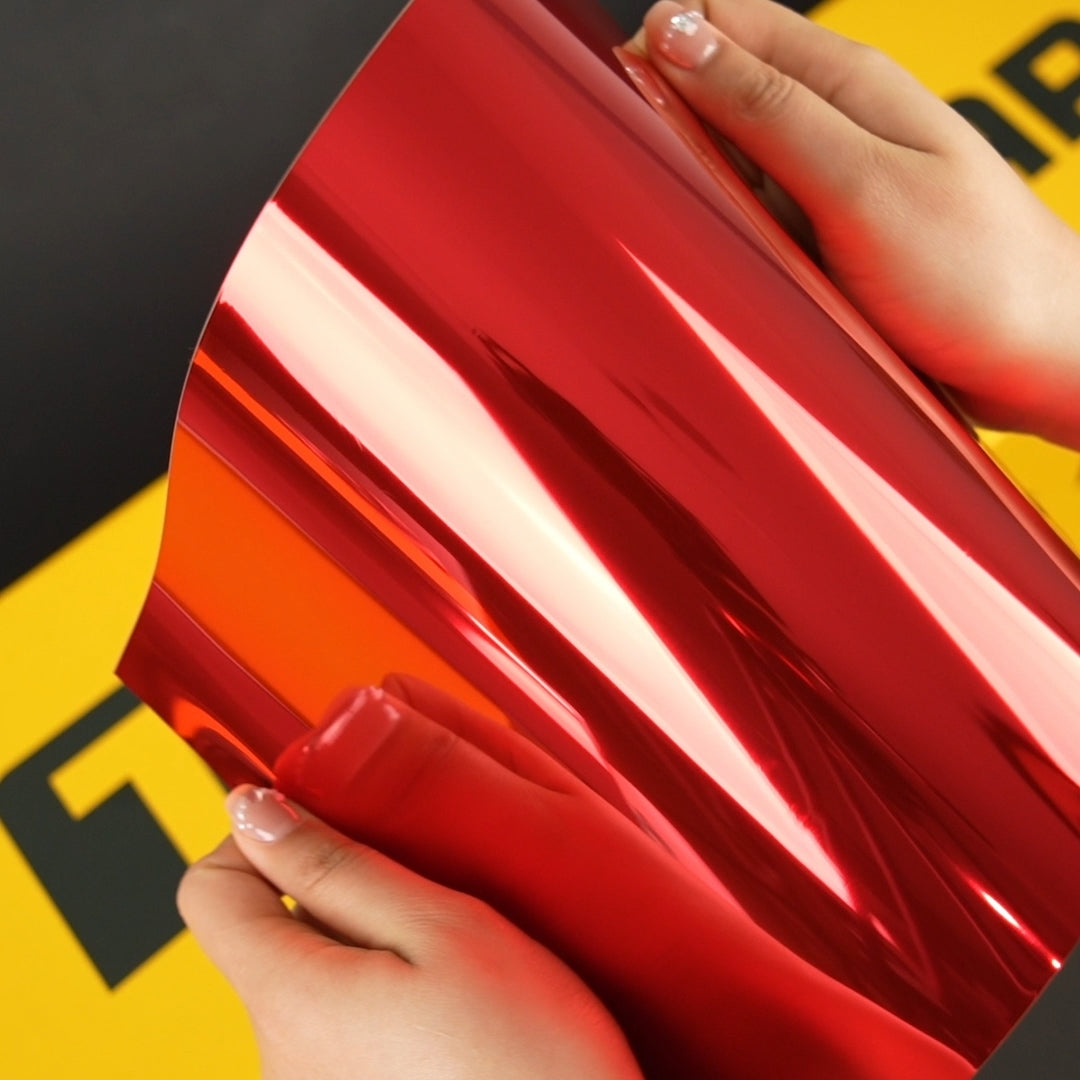 Close up of CHM04-HD Cherry Red Mirror Chrome A4 Sample by TeckWrap