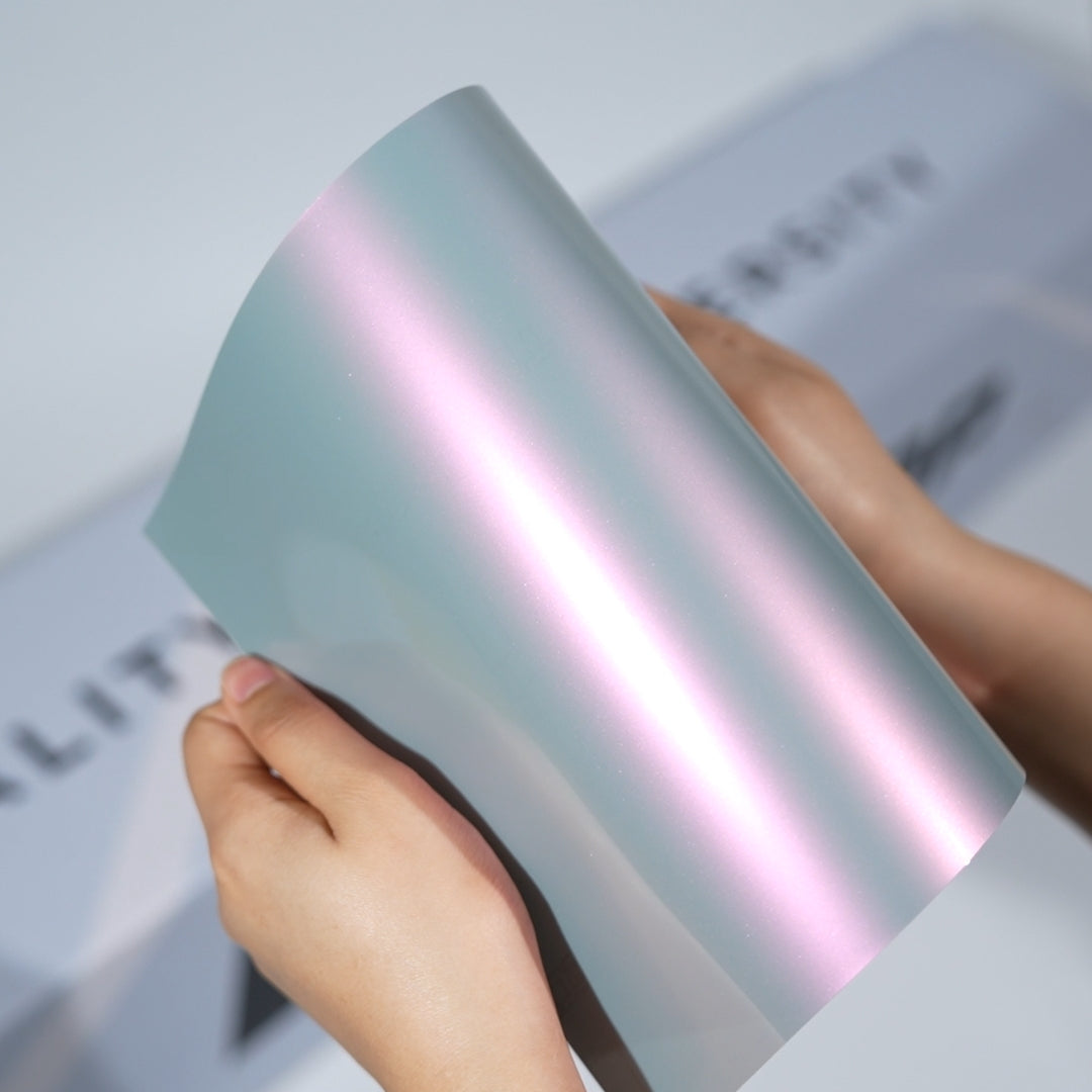 TeckWrap A5 Pearlescent Color PPF sample showing icy blue tone with pink pearl highlight