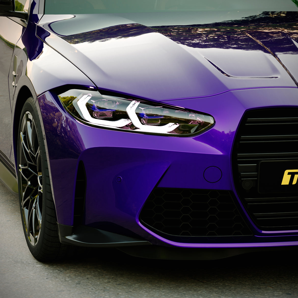 Close-up of BMW front detail in TeckWrap Silent Purple (GAL34-HD) car wrap