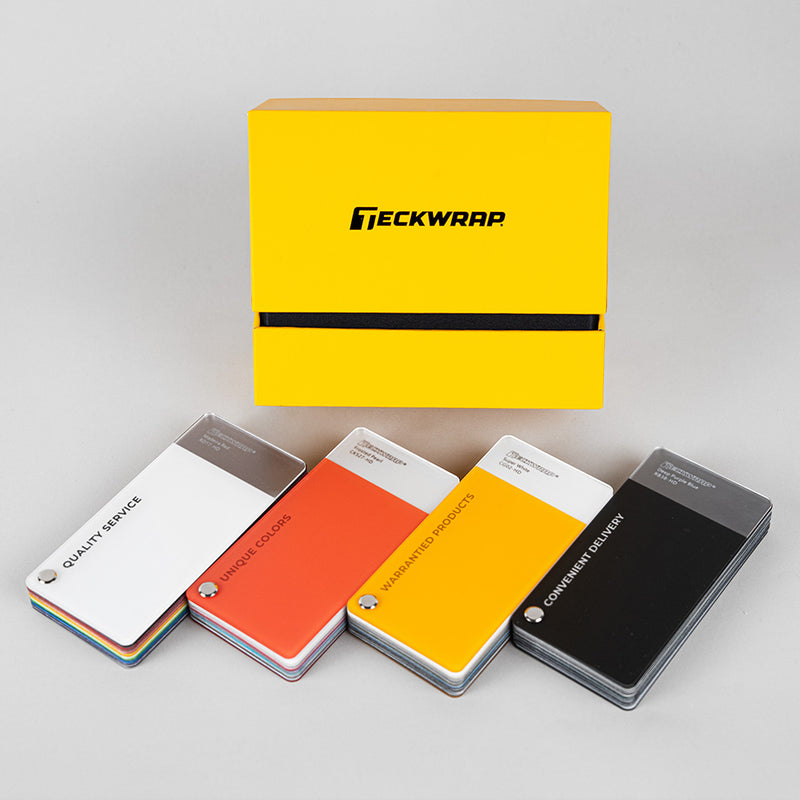 Close-up of TeckWrap 2024 sample book with four labeled decks: Quality Service, Unique Colors, Warrantied Products, and Convenient Delivery.
