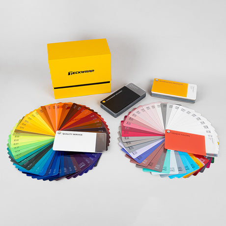 TeckWrap color swatches sample book 2024 displayed with vibrant fan decks and bold yellow storage box.