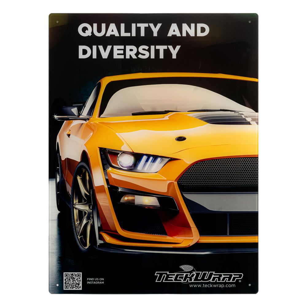 TeckWrap promotional panel featuring a vibrant orange sports car, highlighting 'Quality and Diversity' in premium vinyl wraps.