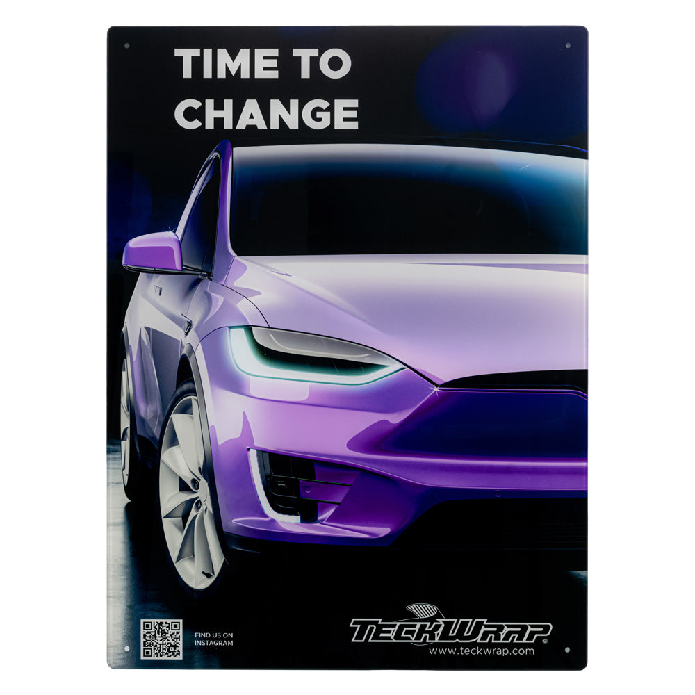 TeckWrap promotional panel showcasing a sleek purple wrapped vehicle with the caption 'Time to Change,' promoting transformative vinyl styling.