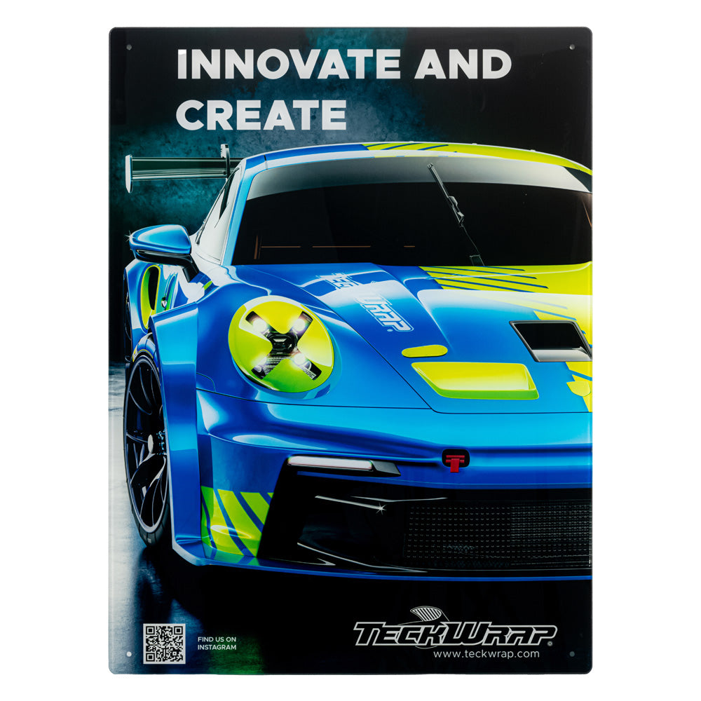TeckWrap promotional panel presenting a dynamic race car wrapped in striking blue and neon yellow, emphasizing the theme 'Innovate and Create.