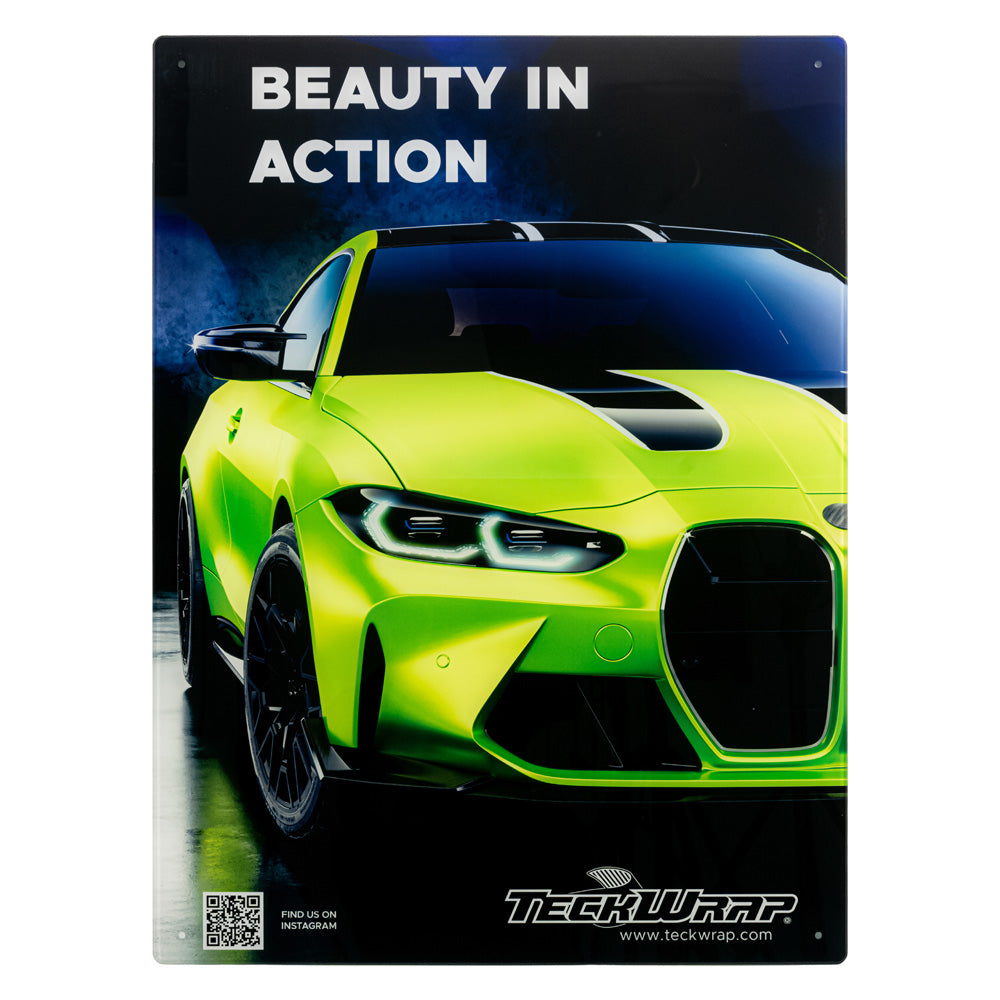 TeckWrap promotional panel with a stunning neon green wrapped performance car, underscoring the 'Beauty in Action' theme.