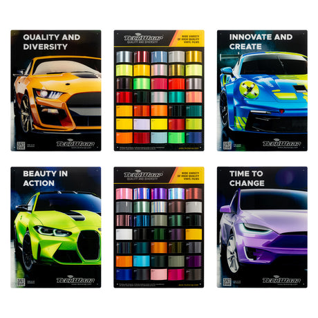 TeckWrap Display Set 2024 featuring vibrant vinyl wrap swatches alongside eye-catching promotional car images emphasizing quality, creativity, and innovation.