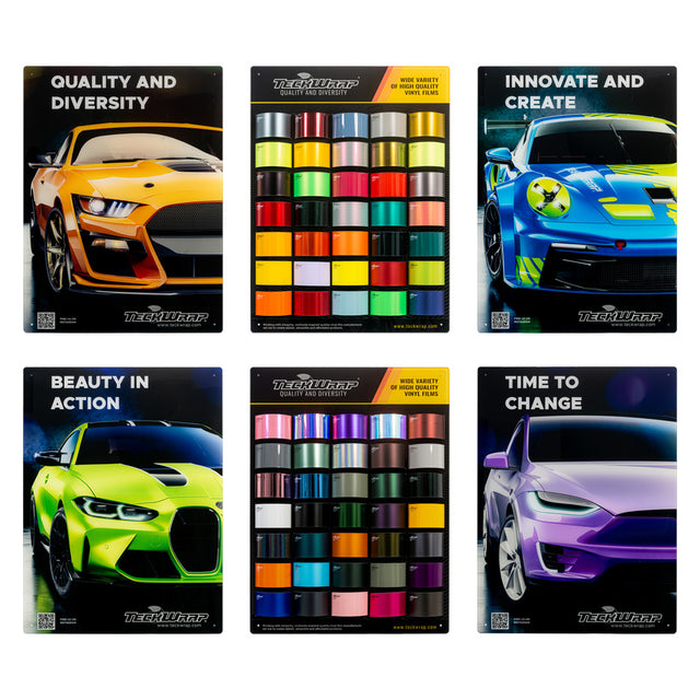TeckWrap Display Set 2024 featuring vibrant vinyl wrap swatches alongside eye-catching promotional car images emphasizing quality, creativity, and innovation.