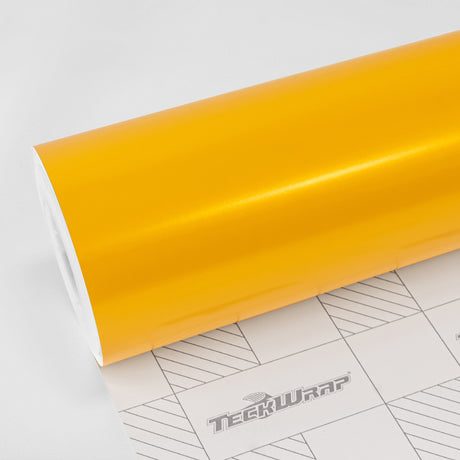 Hornet Yellow (ECH16) Satin Vinyl Wrap by TeckWrap shown in roll form with a vivid satin yellow finish and precision-marked backing paper — ideal for vibrant, professional-grade vehicle wraps.