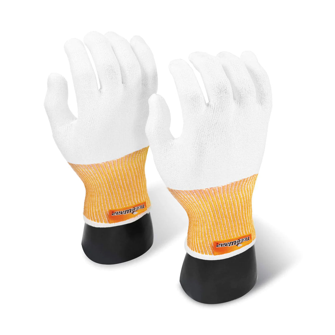 Close-Up of a Pair of TeckWrap Work Gloves Designed for Enhanced Grip and Protection, Highlighting White Breathable Fabric and Elasticized Orange Cuffs, Perfect for Vinyl Wrapping, Car Detailing, and Workshop Safety