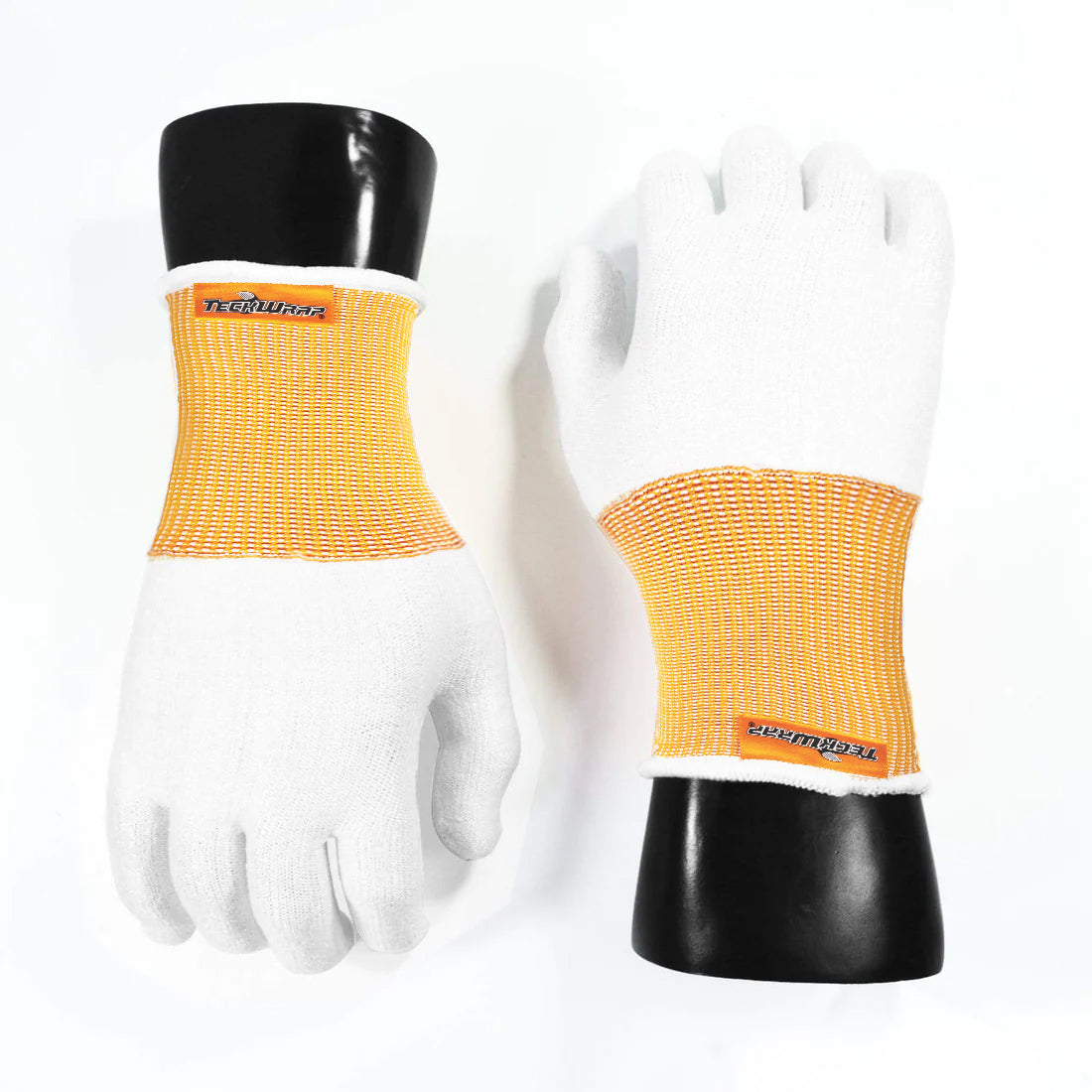 Front and Back View of TeckWrap Professional Safety Gloves with Distinctive White Cotton Material and Bright Orange Stretch Wrist Supports for Comfort and Precision in Vinyl and Car Wrapping Tasks