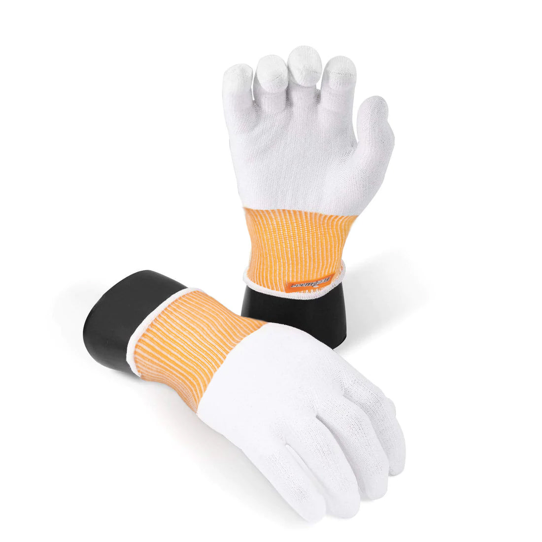 Pair of TeckWrap Protective Gloves Featuring White Durable Fabric and Elasticized Orange Wristbands, Displayed on Black Hand Mannequins – Ideal for Vinyl Wrapping and Precision Automotive Work