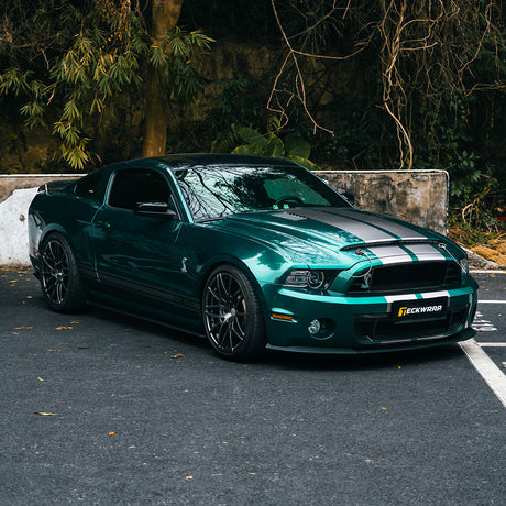 Ford Mustang GT500 fully wrapped in TeckWrap Azure Flame high gloss teal vinyl parked on road