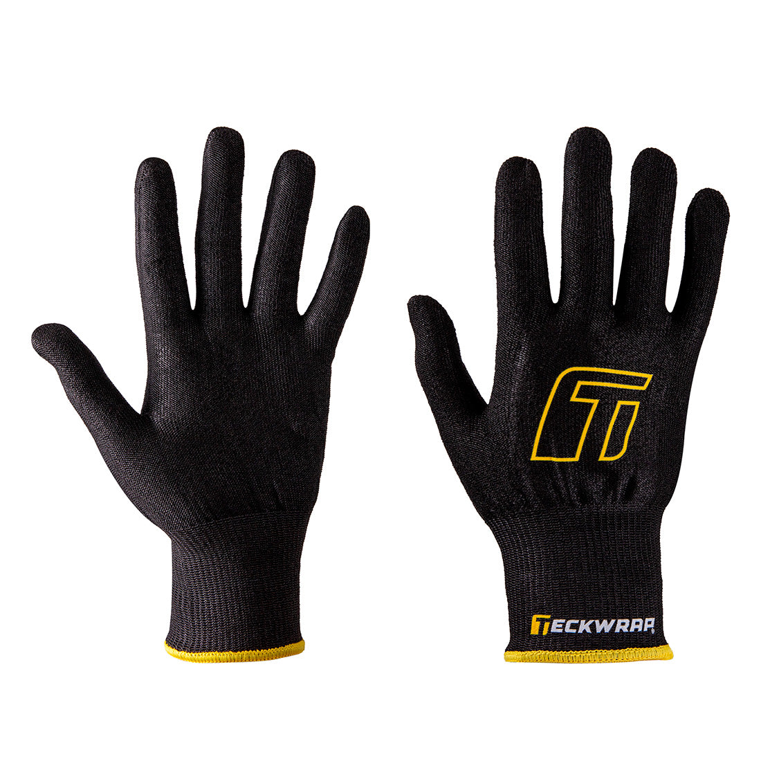 Front and back view of TeckWrap Premium Gloves, highlighting stretchable material and ergonomic design for wrap specialists