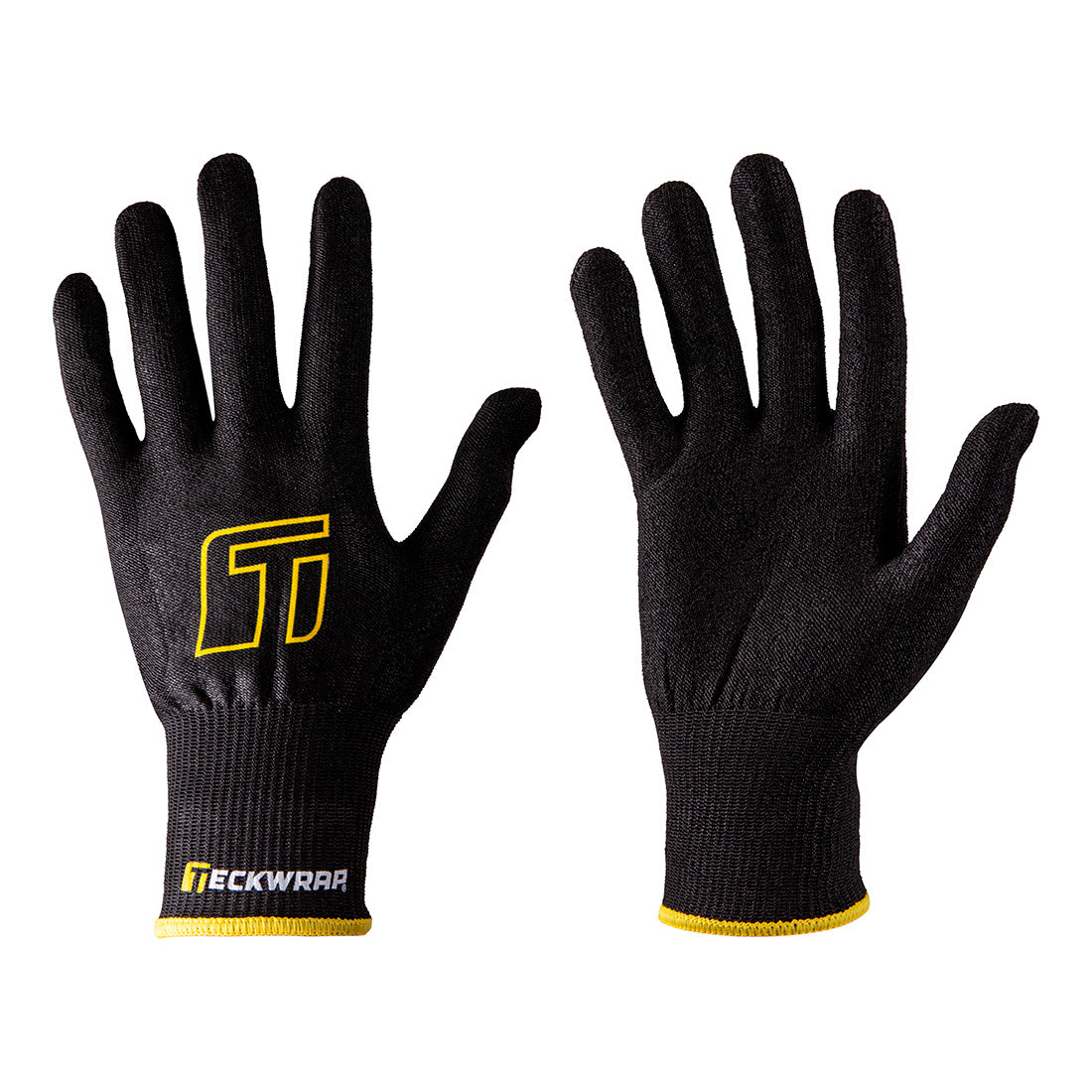 TeckWrap Premium Gloves viewed at an angle, showcasing black breathable fabric with yellow-accented cuffs and grip-enhancing finish