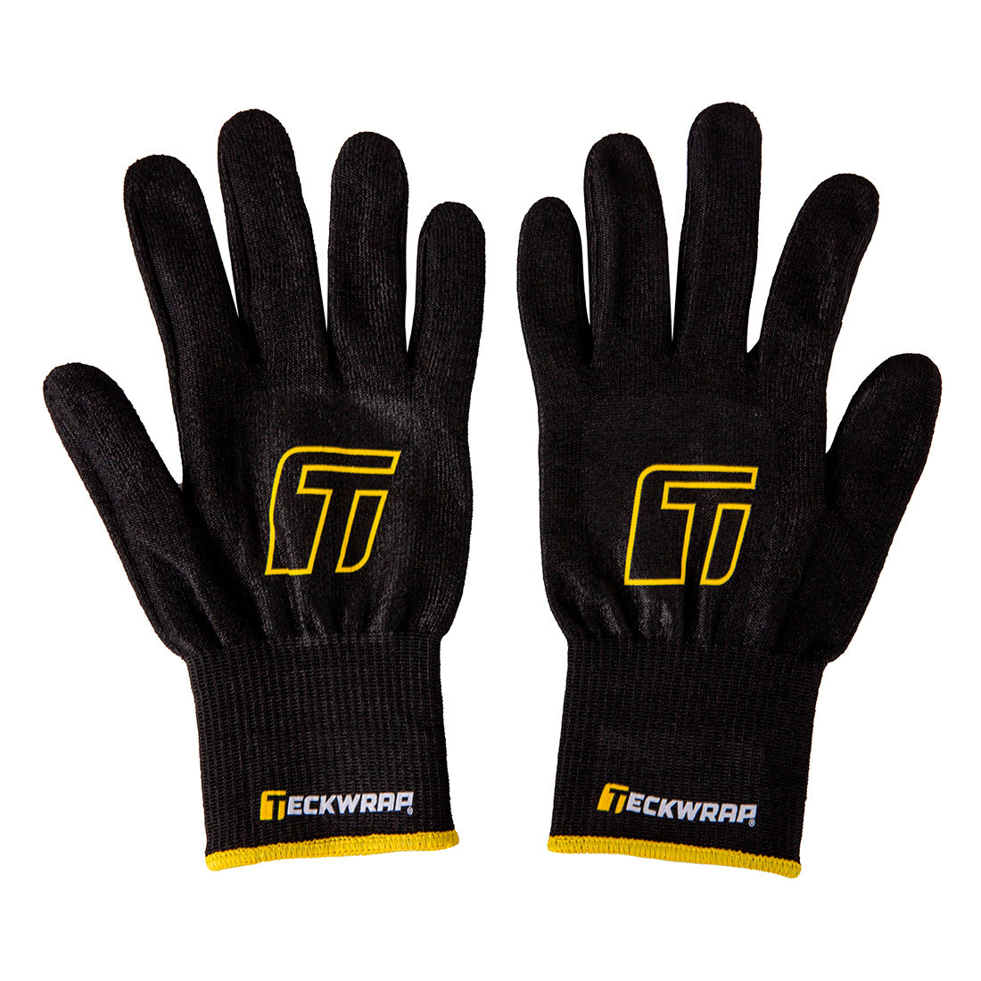 Pair of TeckWrap Premium Gloves laid flat showing logo on both, ideal for smooth and scratch-free vinyl installation