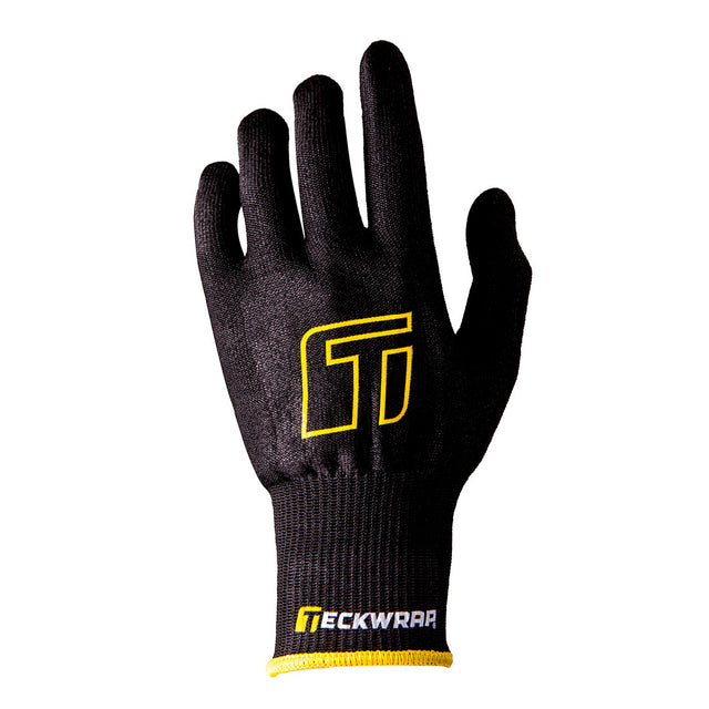 Single TeckWrap Premium Glove in black with yellow logo and trim, designed for professional vinyl wrap applications