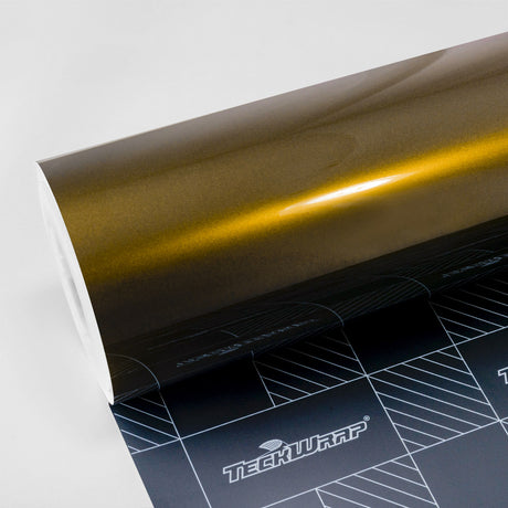 TeckWrap Gloss Black Gold Vinyl Wrap (HM09-HD) roll showcasing deep gloss finish and metallic gold sheen for car customization.