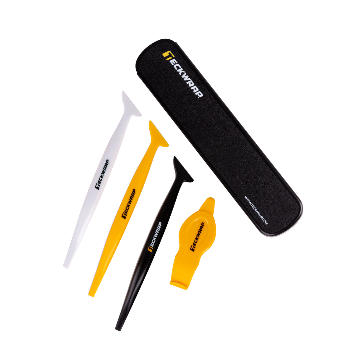 Flat lay of TeckWrap tucking tools and storage case – professional vinyl wrap toolkit with ergonomic grip design.