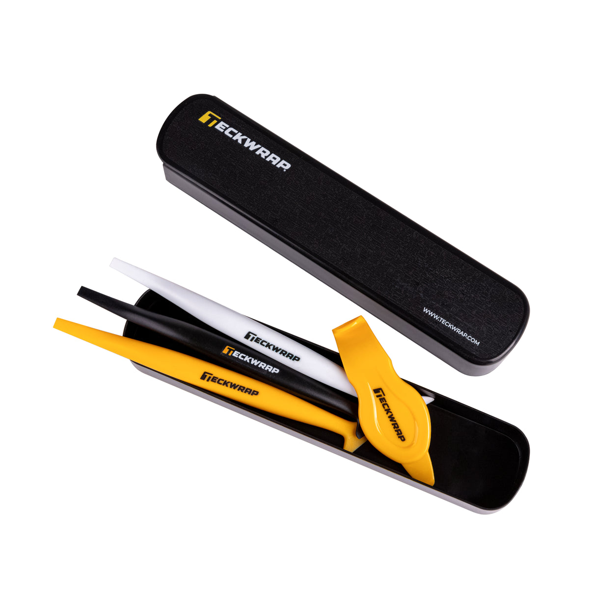 TeckWrap tucking tool set stored in black branded case – ideal for clean and efficient car wrap installations.