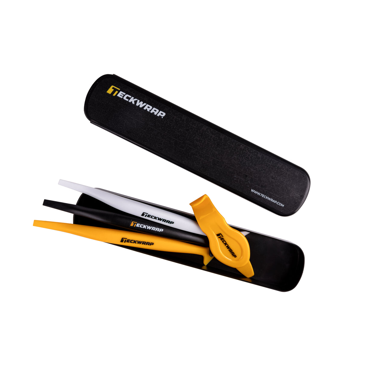 Top view of TeckWrap 4-piece tucking tools packed neatly in protective case – perfect for detailed vinyl wrap application.