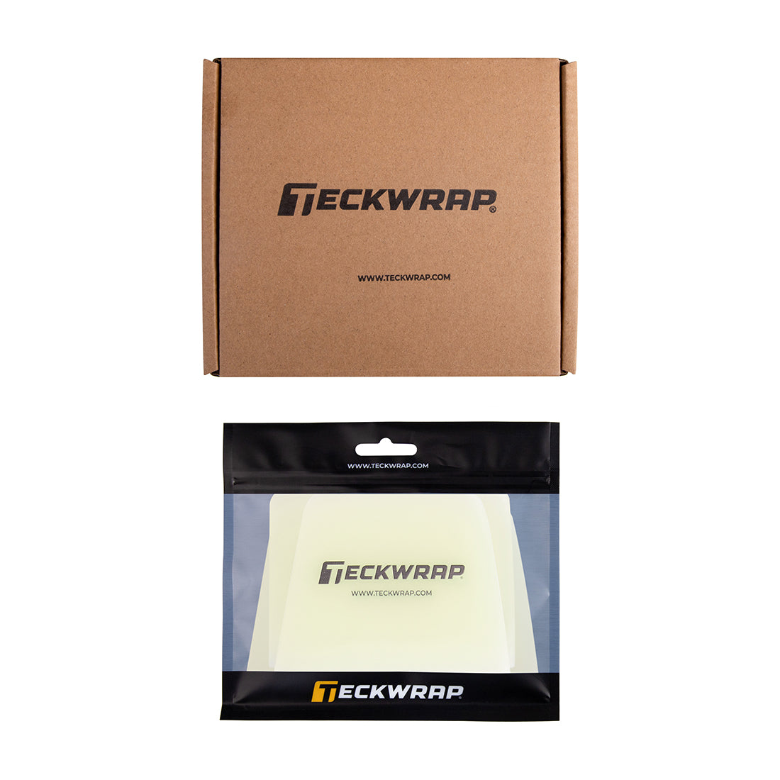 TeckWrap transparent squeegee set in eco-friendly brown box and branded pouch – premium vinyl wrap application tools with luminous finish.