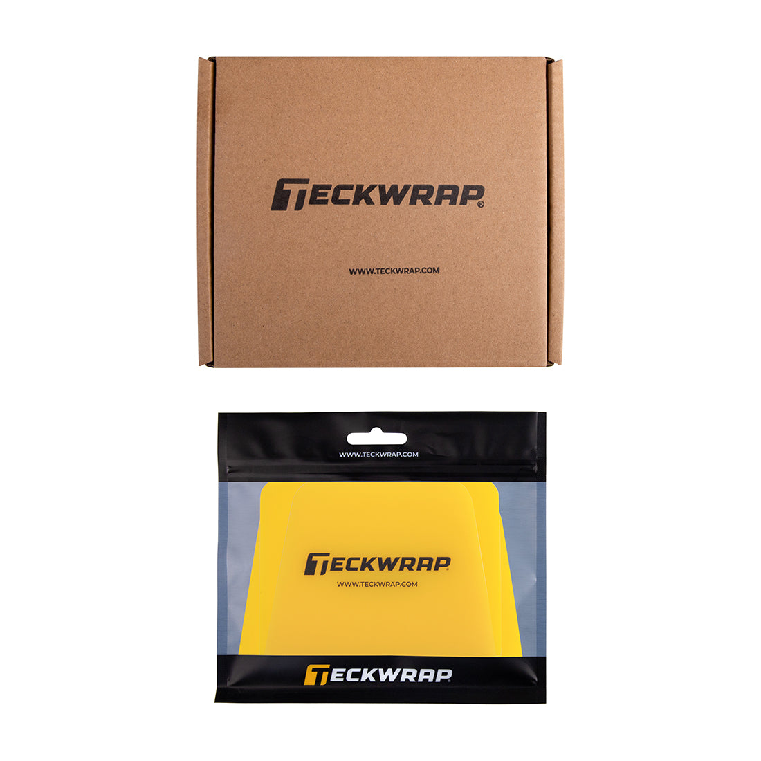 eckWrap yellow 3-piece squeegee set with custom brown shipping box and branded resealable pouch – durable and ergonomic tools for wrap installers.