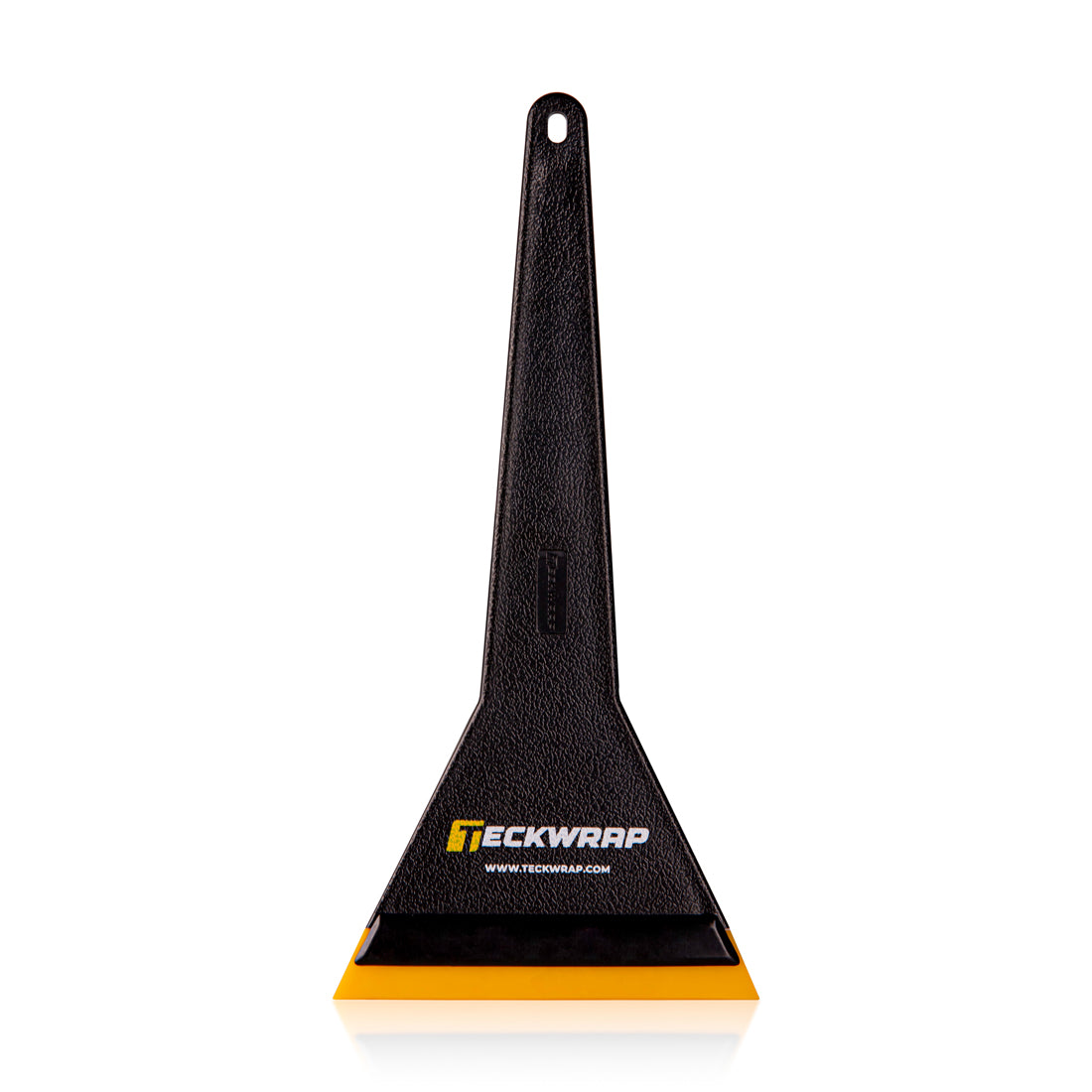 TeckWrap Extended Hybrid Triangle-Polyurethane Scraper featuring a black textured handle and yellow polyurethane blade, ideal for smooth and effective vinyl wrap installations.