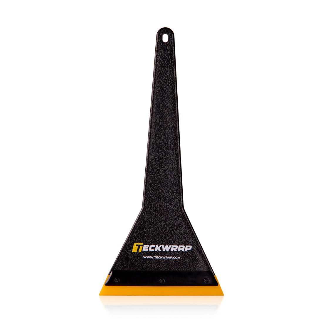 Front view of the TeckWrap Extended Hybrid Triangle-Polyurethane Scraper with a durable black grip and precision yellow blade for seamless car wrapping.