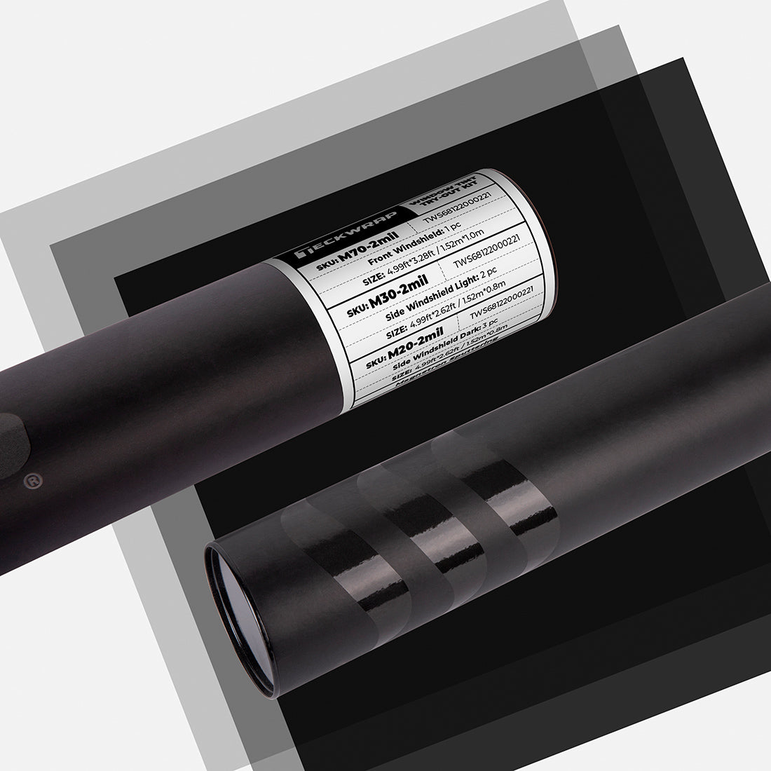 TeckWrap Fortis Series Window Film Sample Set roll with product label displaying M70-2mil, M30-2mil, and M20-2mil tint film specifications