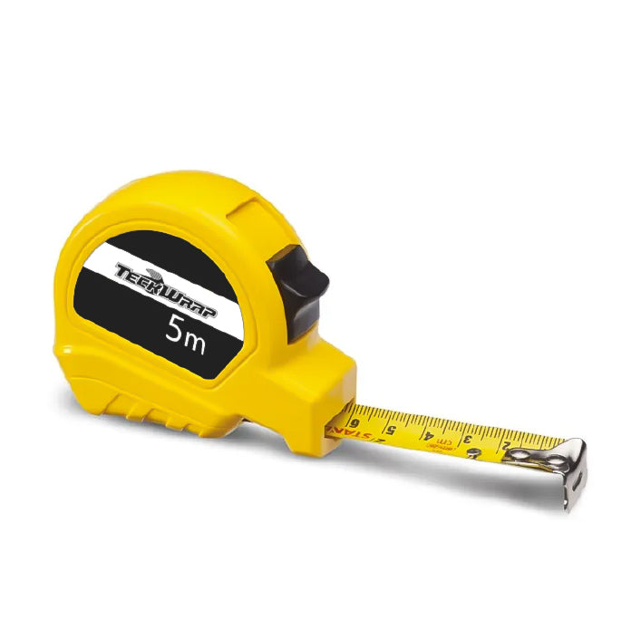 TeckWrap 5-meter yellow measuring tape tool with black grip and printed logo for precise vinyl wrap measurements