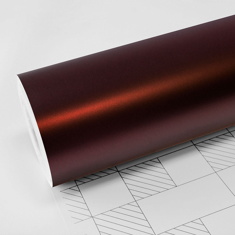 Roll of TeckWrap Satin Burnt Maroon (SMT02) Vinyl Wrap showcasing a deep, satin finish with subtle maroon hues, ideal for sleek car customization.