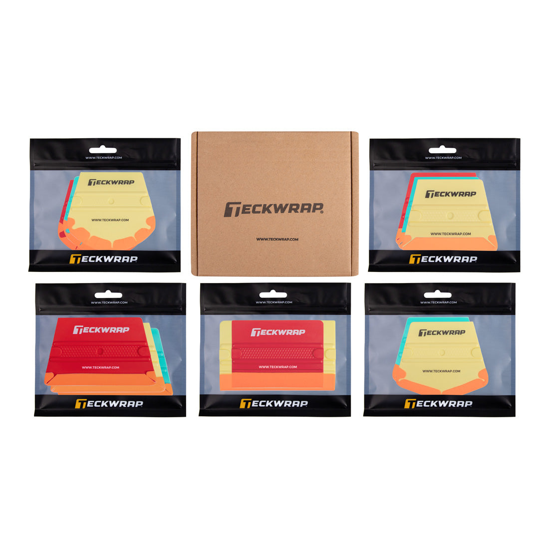 TeckWrap multi-color squeegee kit for vinyl wrap, includes 13 ergonomic squeegees with felt edges in retail-ready packaging and branded cardboard box