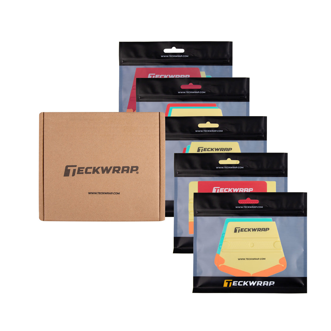 TeckWrap vinyl wrap squeegee kit with colorful ergonomic tools in individual branded packaging, presented alongside eco-friendly shipping box.