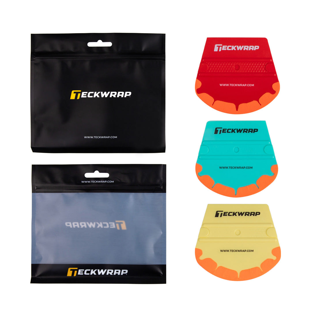 TeckWrap round-edge squeegee set in red, turquoise, and yellow with anti-scratch felt edge and black tool storage pouches, ideal for wrap corners and curves.
