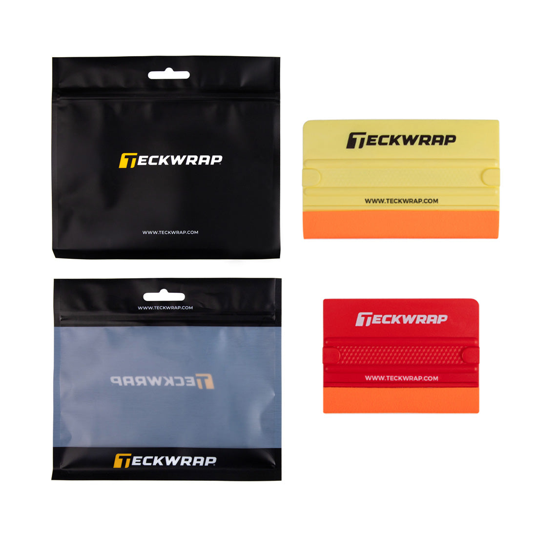 TeckWrap yellow and red squeegee set with soft felt edge for vinyl application, shown with resealable black and transparent tool storage bags.