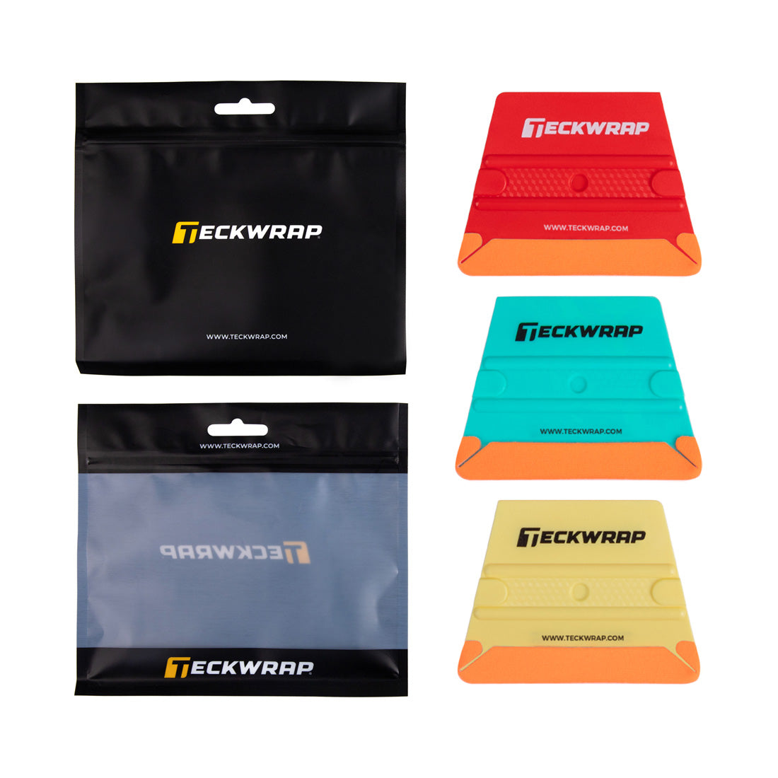 TeckWrap red, turquoise, and yellow vinyl wrap squeegees displayed with branded packaging, designed for precision wrapping and bubble-free application.