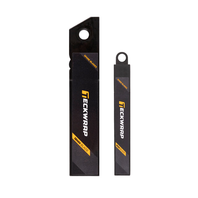 TeckWrap spare blade packs featuring 9mm 30° angle blades and 18mm 60° angle blades, each pack containing 10 precision cutting pieces