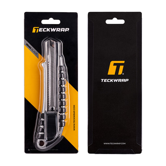 TeckWrap 18mm utility knife packaged in branded blister pack with front and back display, featuring ergonomic grip design for precision vinyl cutting.