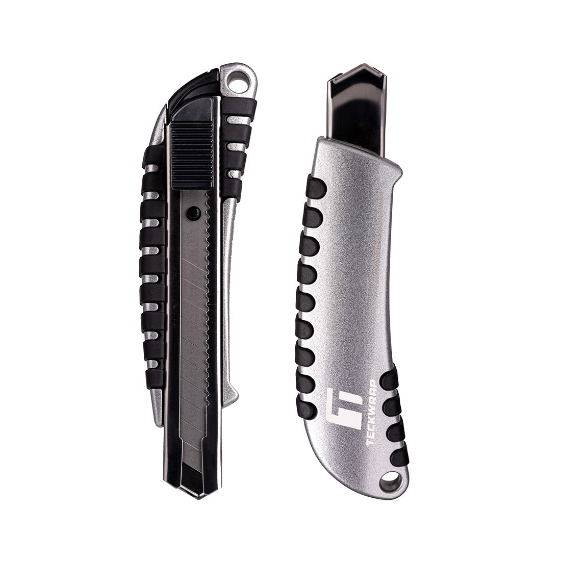 Close-up view of two TeckWrap utility knives (18mm) with black and silver ergonomic handles, designed for vehicle vinyl wrap application and cutting accuracy.
